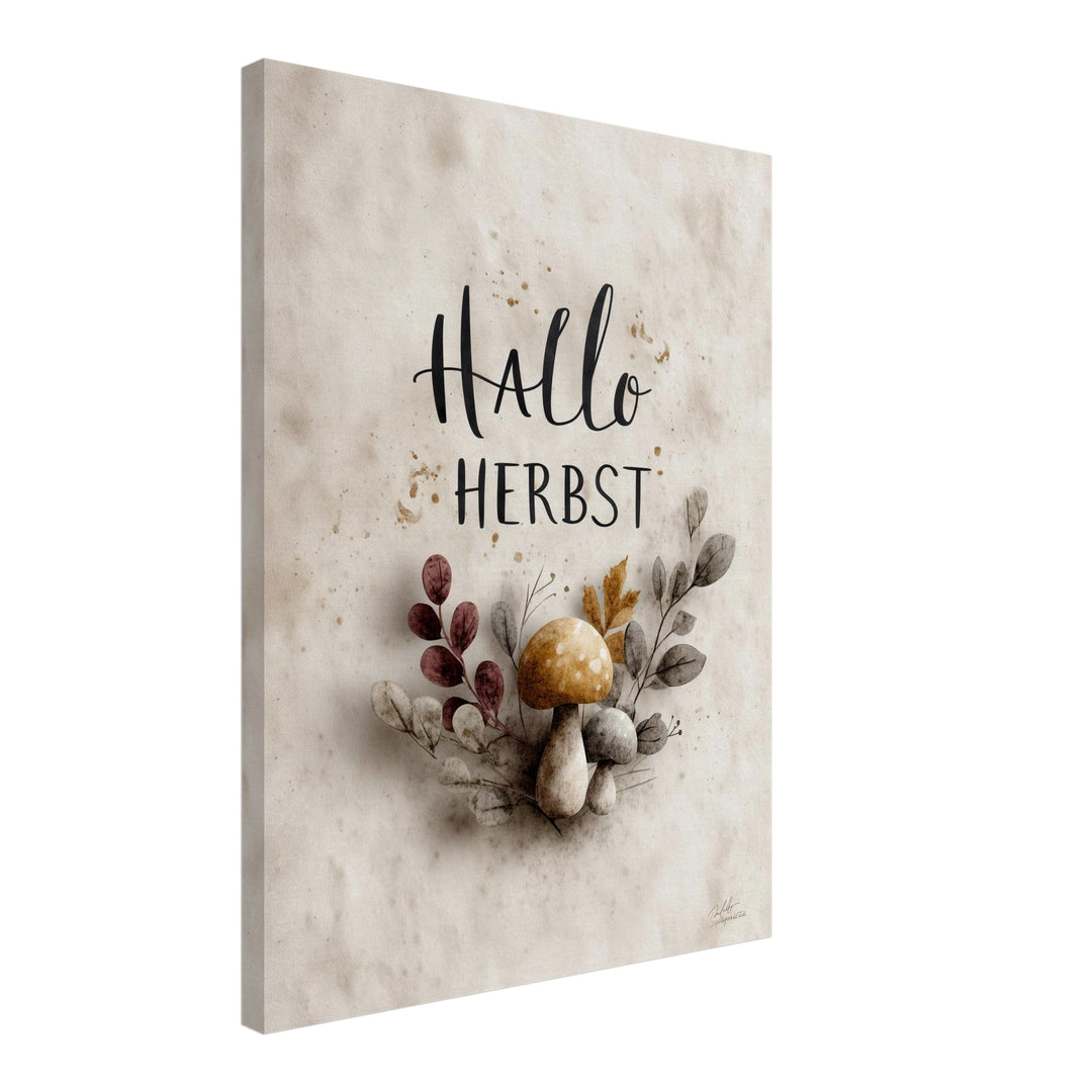 Hallo Herbst mit Pilzen Leinwandbild – Schräge Ansicht – Produktfoto