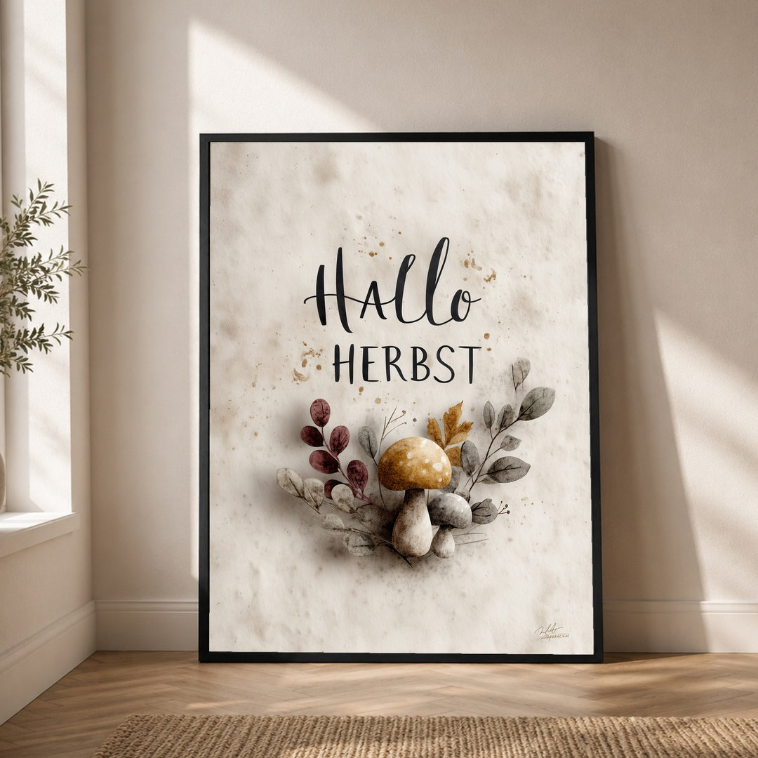 Hallo Herbst mit Pilzen Poster – Schwarzer Rahmen – Produktfoto