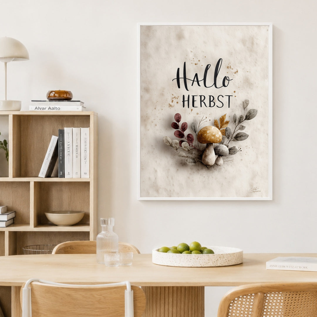Hallo Herbst mit Pilzen Poster – Weißer Rahmen – Produktfoto