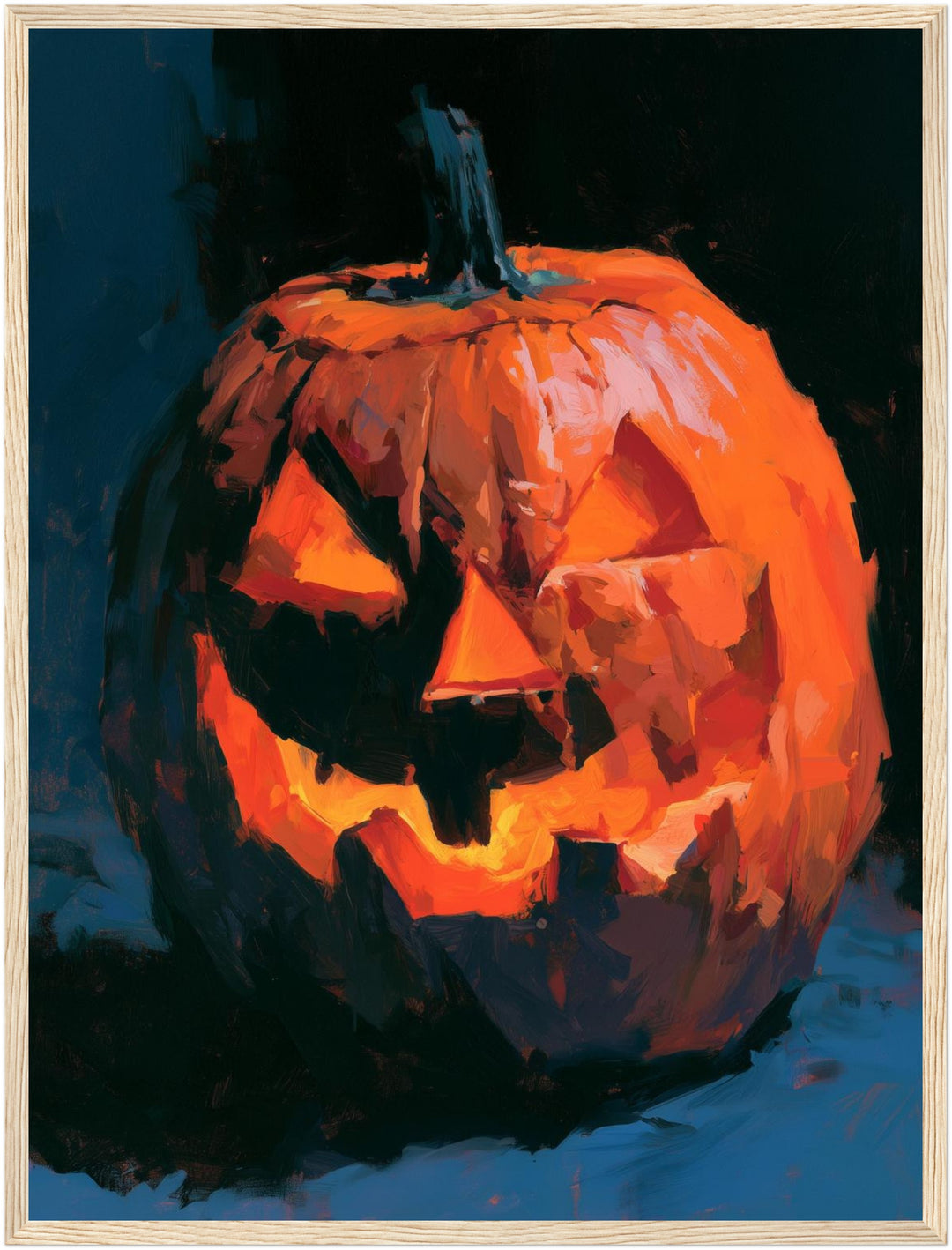 Glühende Kürbislaterne Halloween Poster – Holz natur Rahmen – Produktfoto