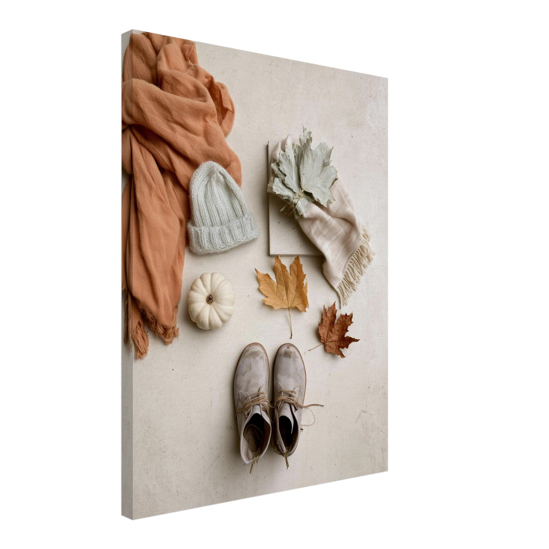 Herbstliches Flatlay Stillleben Leinwandbild – Schräge Ansicht – Produktfoto