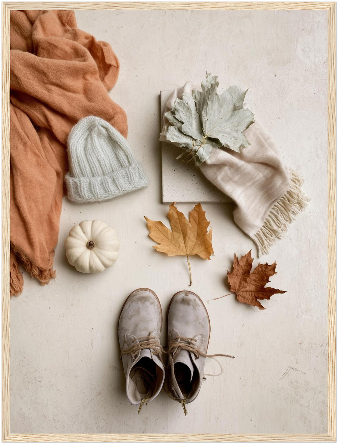 Herbstliches Flatlay Stillleben Poster – Holz natur Rahmen – Produktfoto
