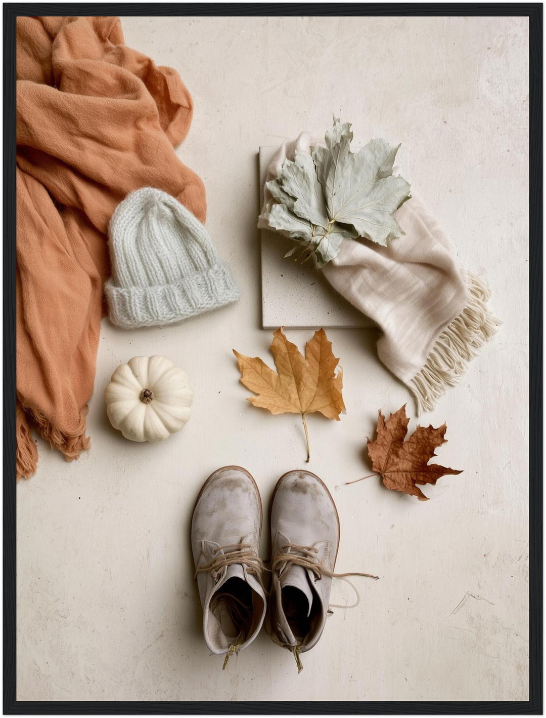 Herbstliches Flatlay Stillleben Poster – Schwarzer Rahmen – Produktfoto