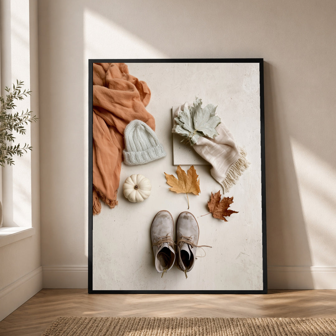 Herbstliches Flatlay Stillleben Poster – Schwarzer Rahmen – Produktfoto