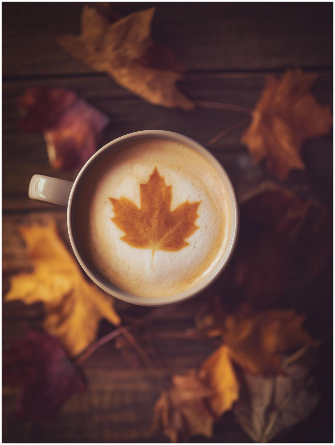 Herbstkaffee mit Ahornblatt Leinwandbild – Ohne Rahmen – Produktfoto