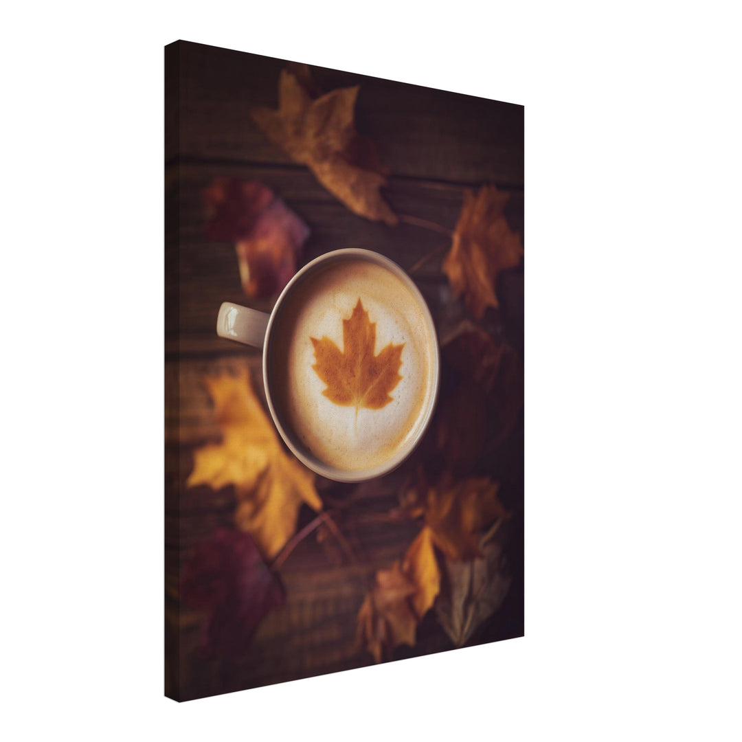 Herbstkaffee mit Ahornblatt Leinwandbild – Schräge Ansicht – Produktfoto