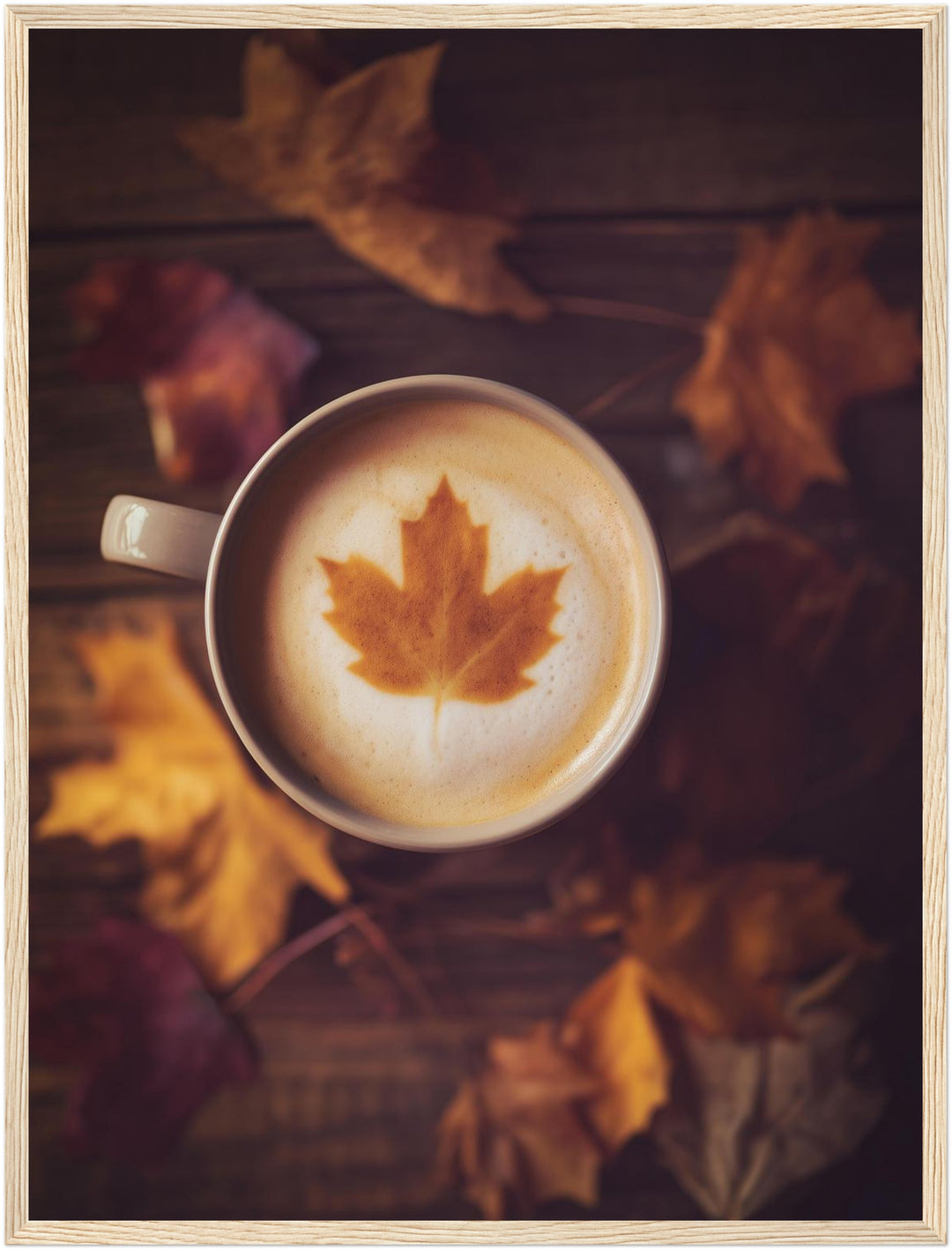 Herbstkaffee mit Ahornblatt Poster – Holz natur Rahmen – Produktfoto