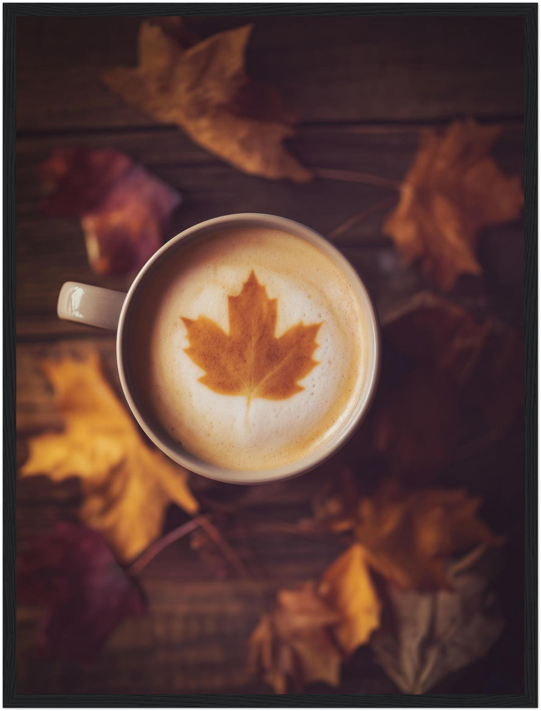 Herbstkaffee mit Ahornblatt Poster – Schwarzer Rahmen – Produktfoto