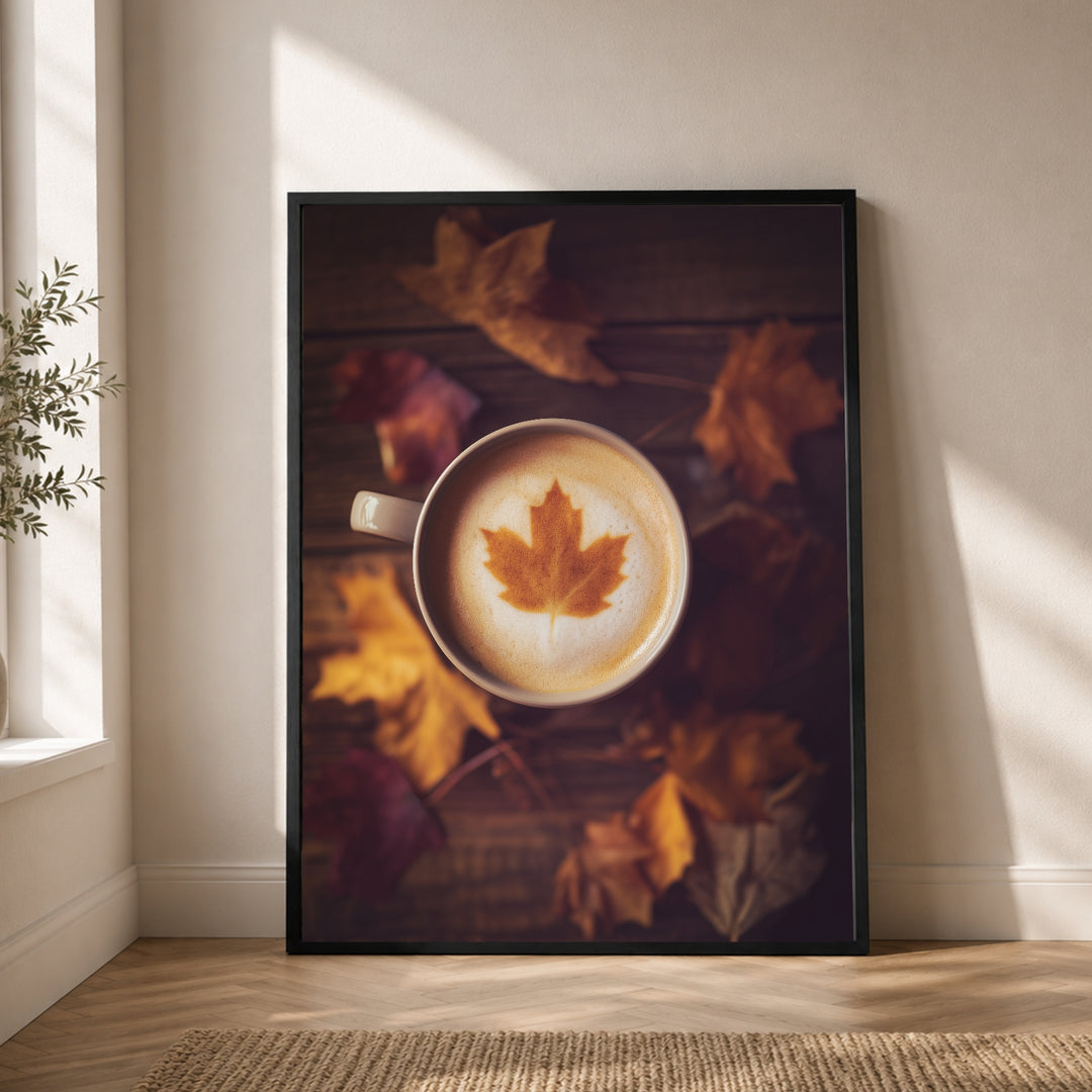 Herbstkaffee mit Ahornblatt Poster – Schwarzer Rahmen – Produktfoto