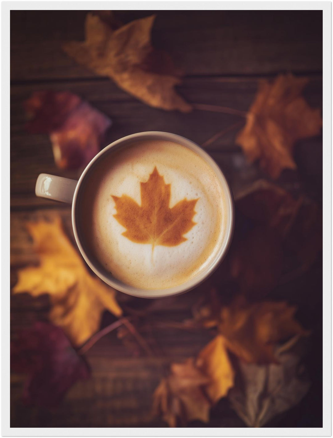 Herbstkaffee mit Ahornblatt Poster – Weißer Rahmen – Produktfoto