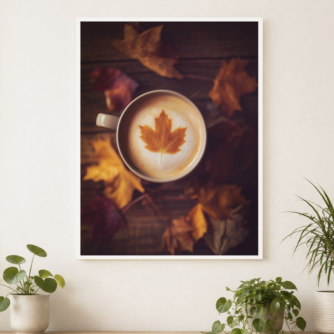Herbstkaffee mit Ahornblatt Poster – Weißer Rahmen – Produktfoto