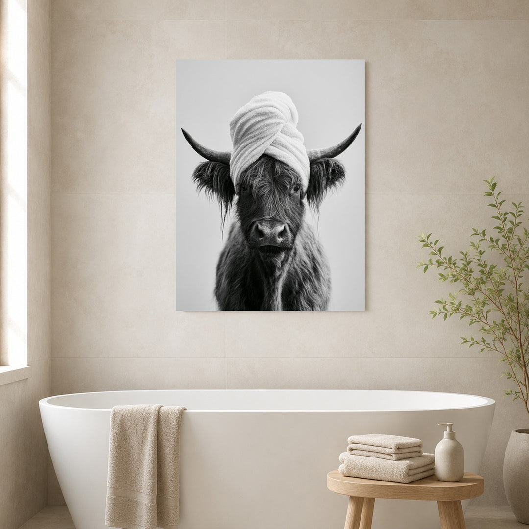 Highlander Kuh mit Handtuch Poster – Ohne Rahmen – Produktfoto