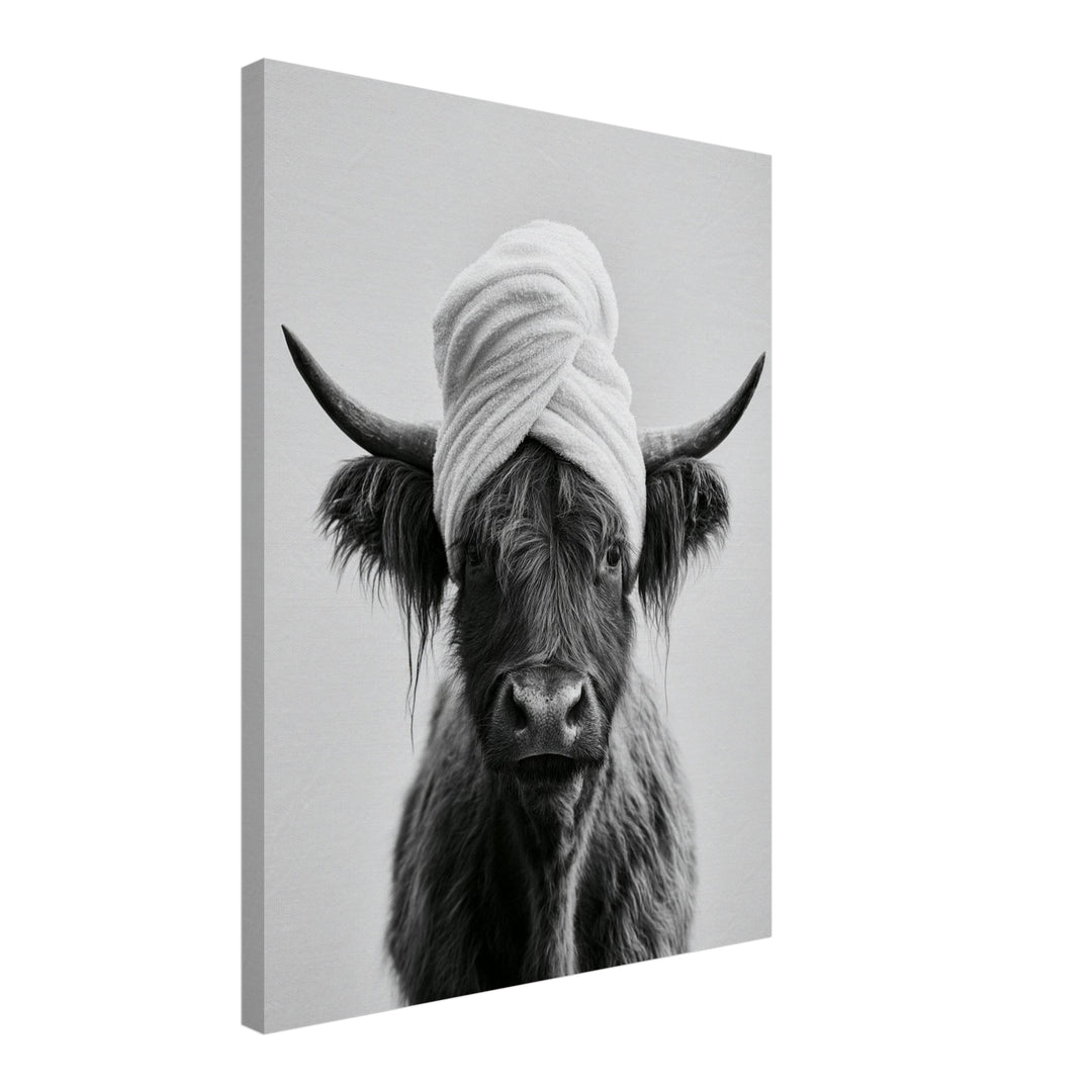 Highlander Kuh mit Handtuch Leinwandbild – Schräge Ansicht – Produktfoto