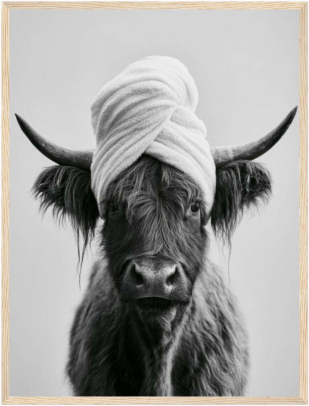 Highlander Kuh mit Handtuch Poster – Holz natur Rahmen – Produktfoto