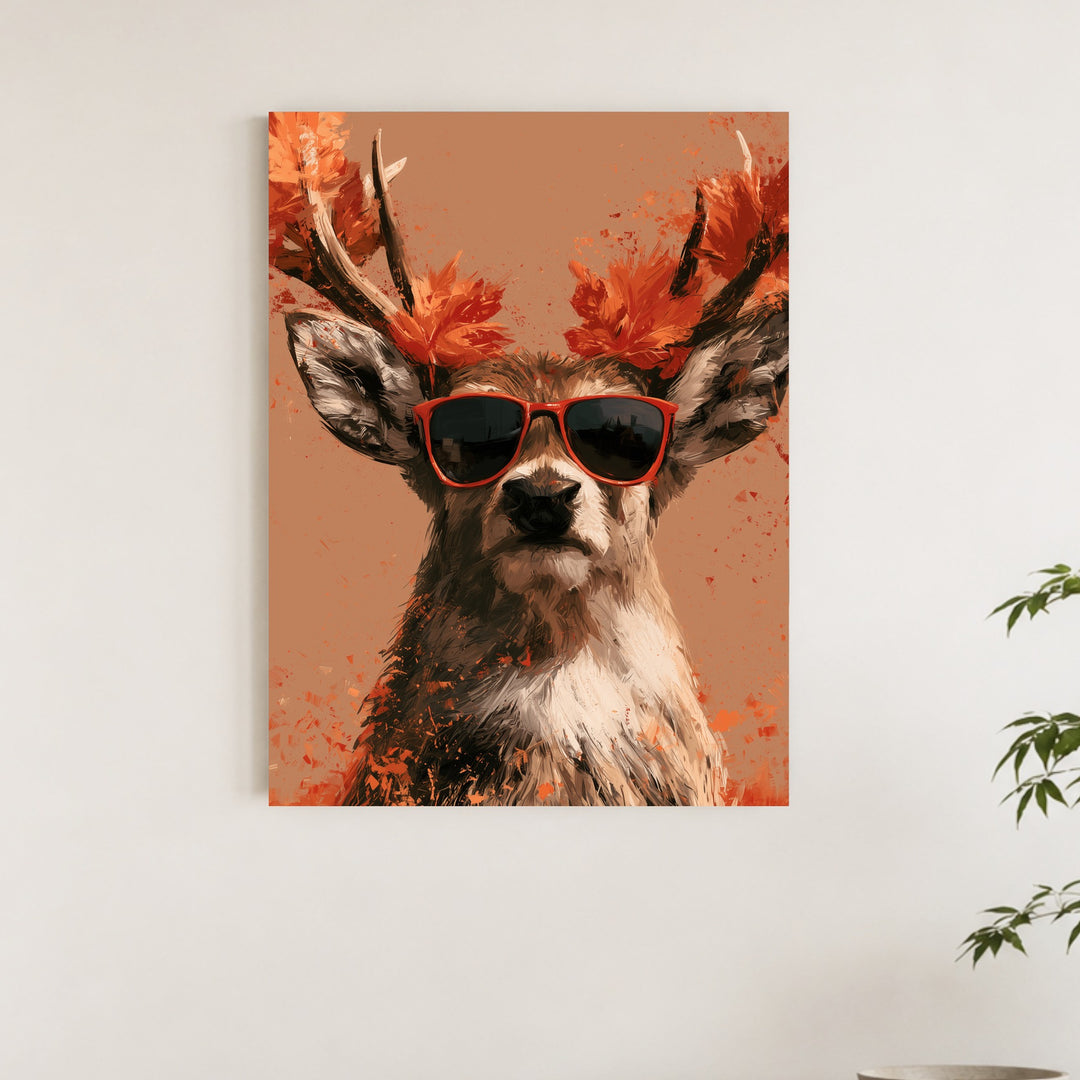Hirsch mit roter Sonnenbrille Leinwandbild – Ohne Rahmen – Produktfoto