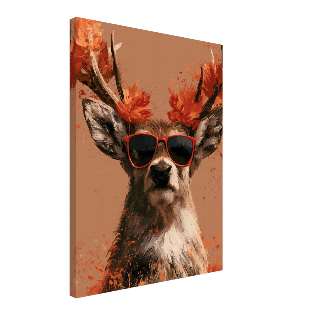 Hirsch mit roter Sonnenbrille Leinwandbild – Schräge Ansicht – Produktfoto