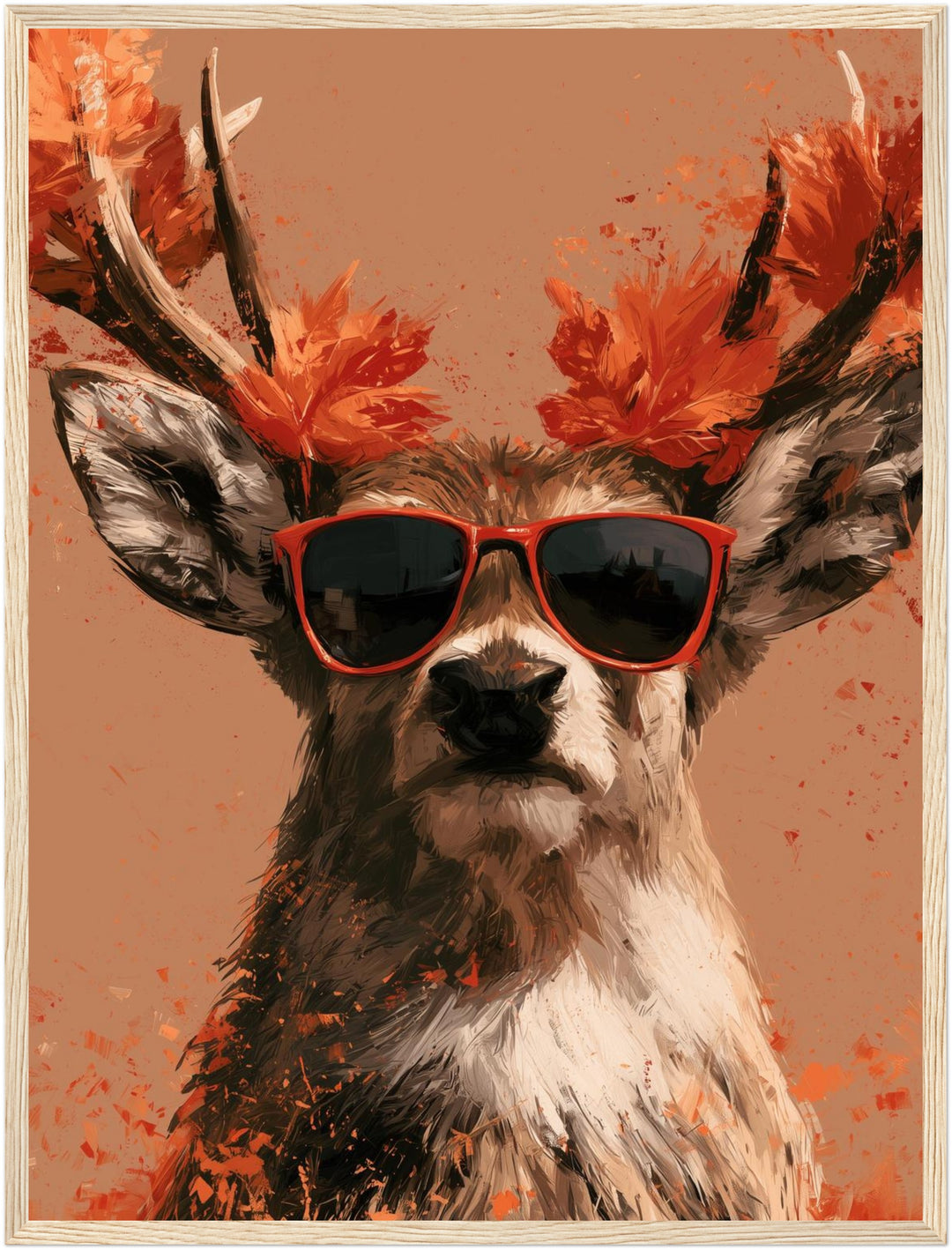 Hirsch mit roter Sonnenbrille Poster – Holz natur Rahmen – Produktfoto