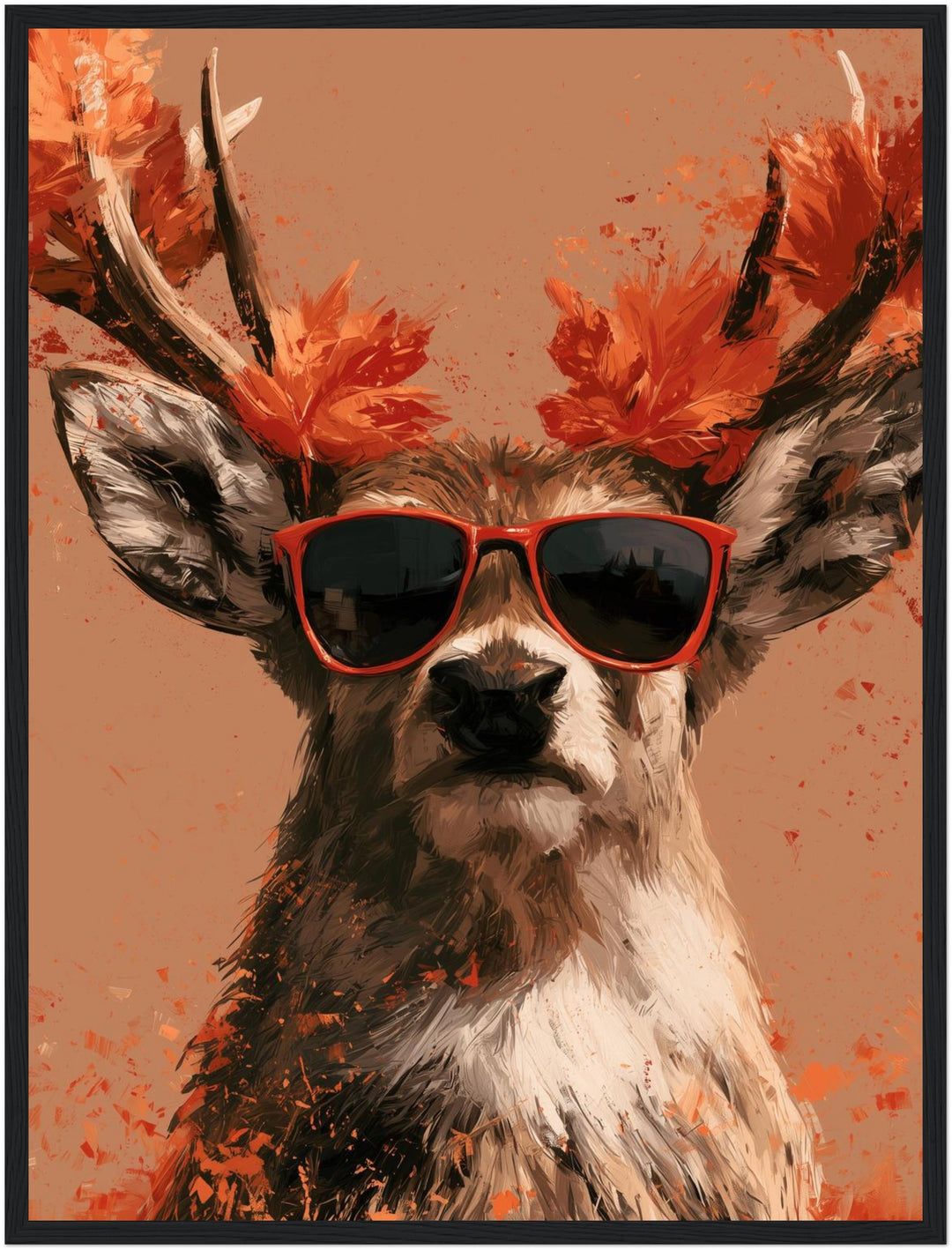 Hirsch mit roter Sonnenbrille Poster – Schwarzer Rahmen – Produktfoto