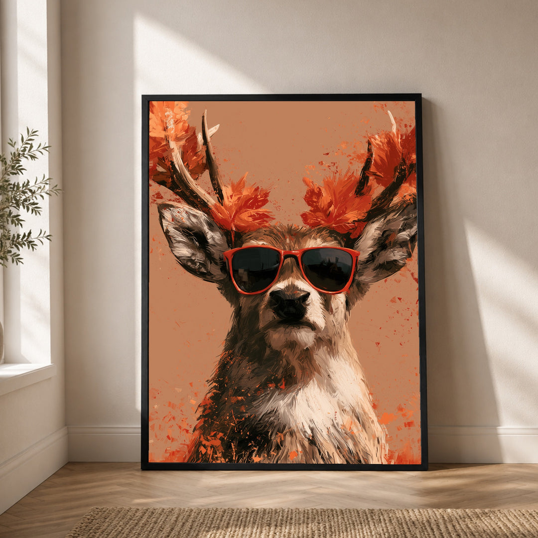 Hirsch mit roter Sonnenbrille Poster – Schwarzer Rahmen – Produktfoto