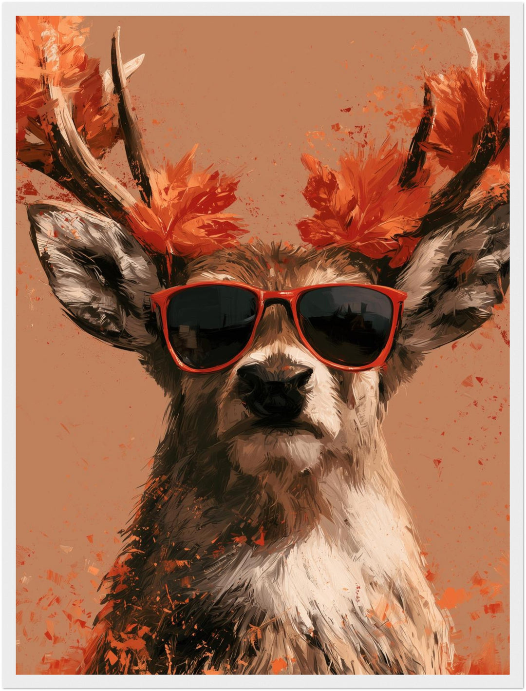 Hirsch mit roter Sonnenbrille Poster – Weißer Rahmen – Produktfoto