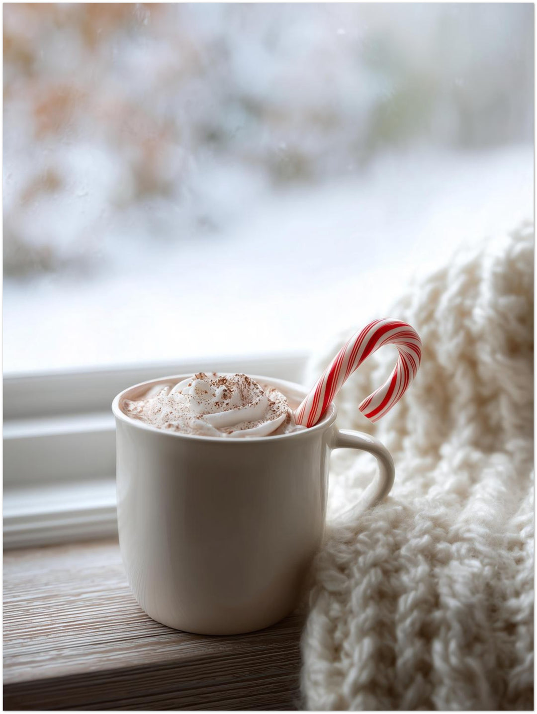 Winterlicher Kakao am Fenster Poster – Ohne Rahmen – Produktfoto