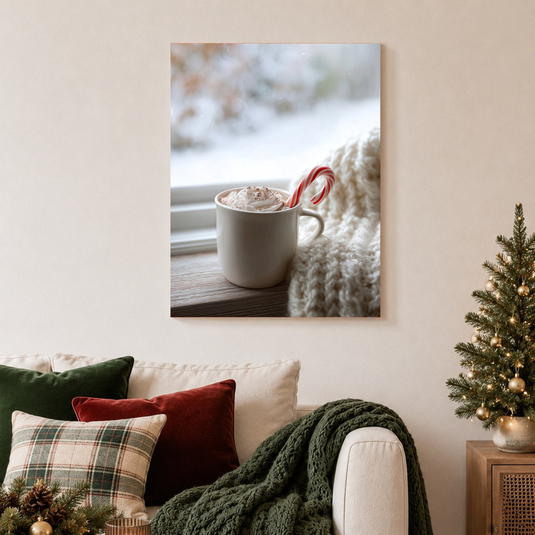 Winterlicher Kakao am Fenster Leinwandbild – Ohne Rahmen – Produktfoto