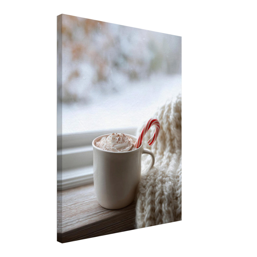 Winterlicher Kakao am Fenster Leinwandbild – Schräge Ansicht – Produktfoto