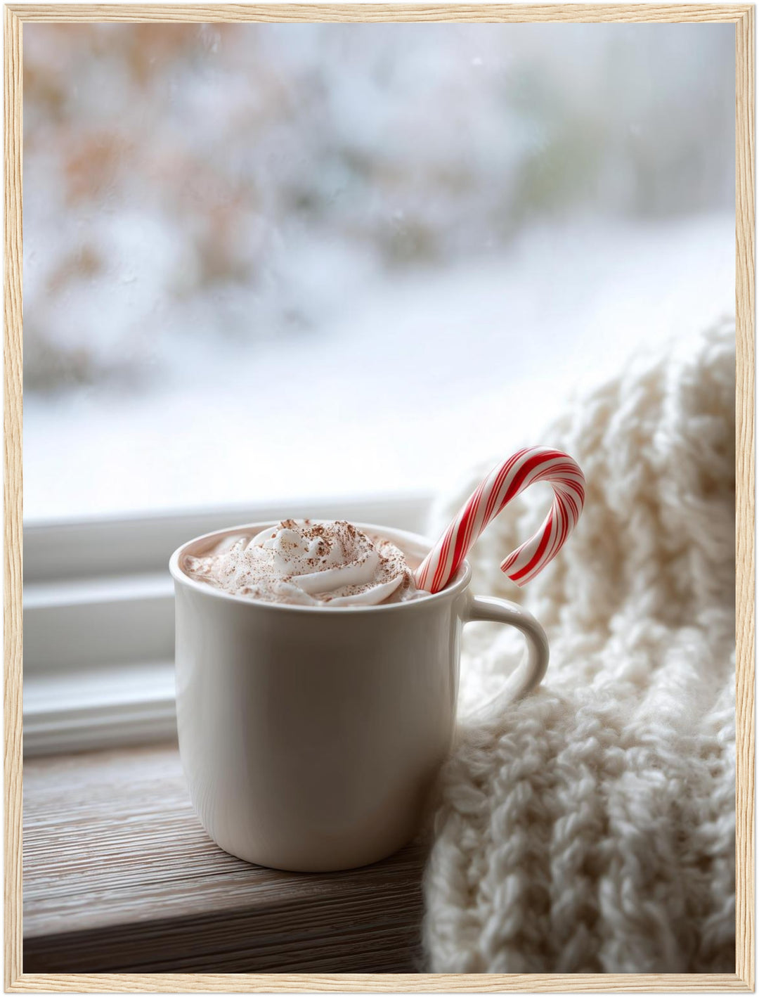 Winterlicher Kakao am Fenster Poster – Holz natur Rahmen – Produktfoto