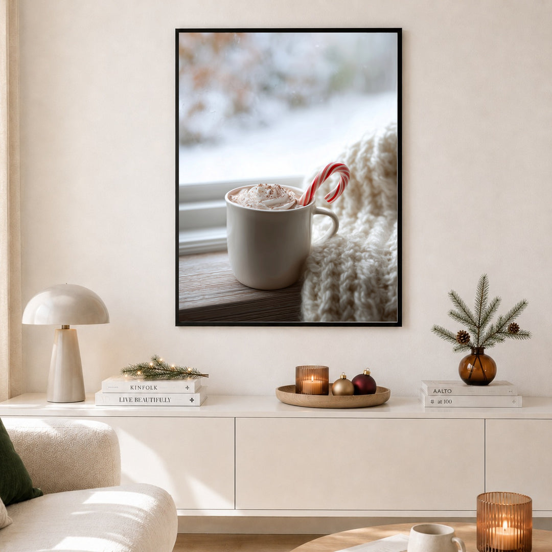 Winterlicher Kakao am Fenster Poster – Schwarzer Rahmen – Produktfoto