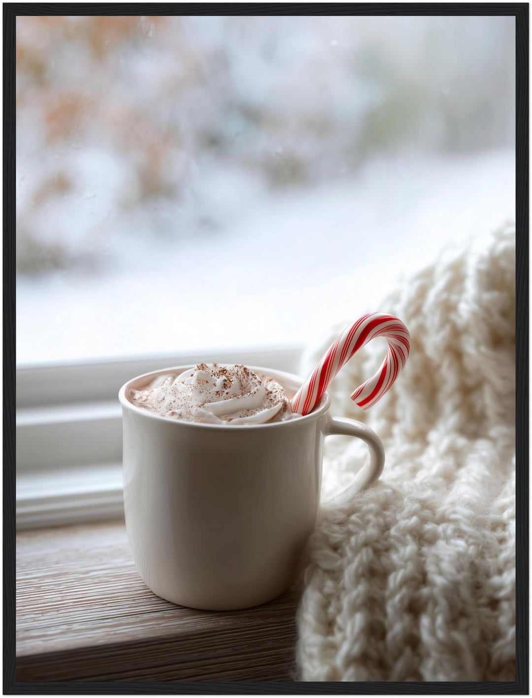 Winterlicher Kakao am Fenster Poster – Schwarzer Rahmen – Produktfoto