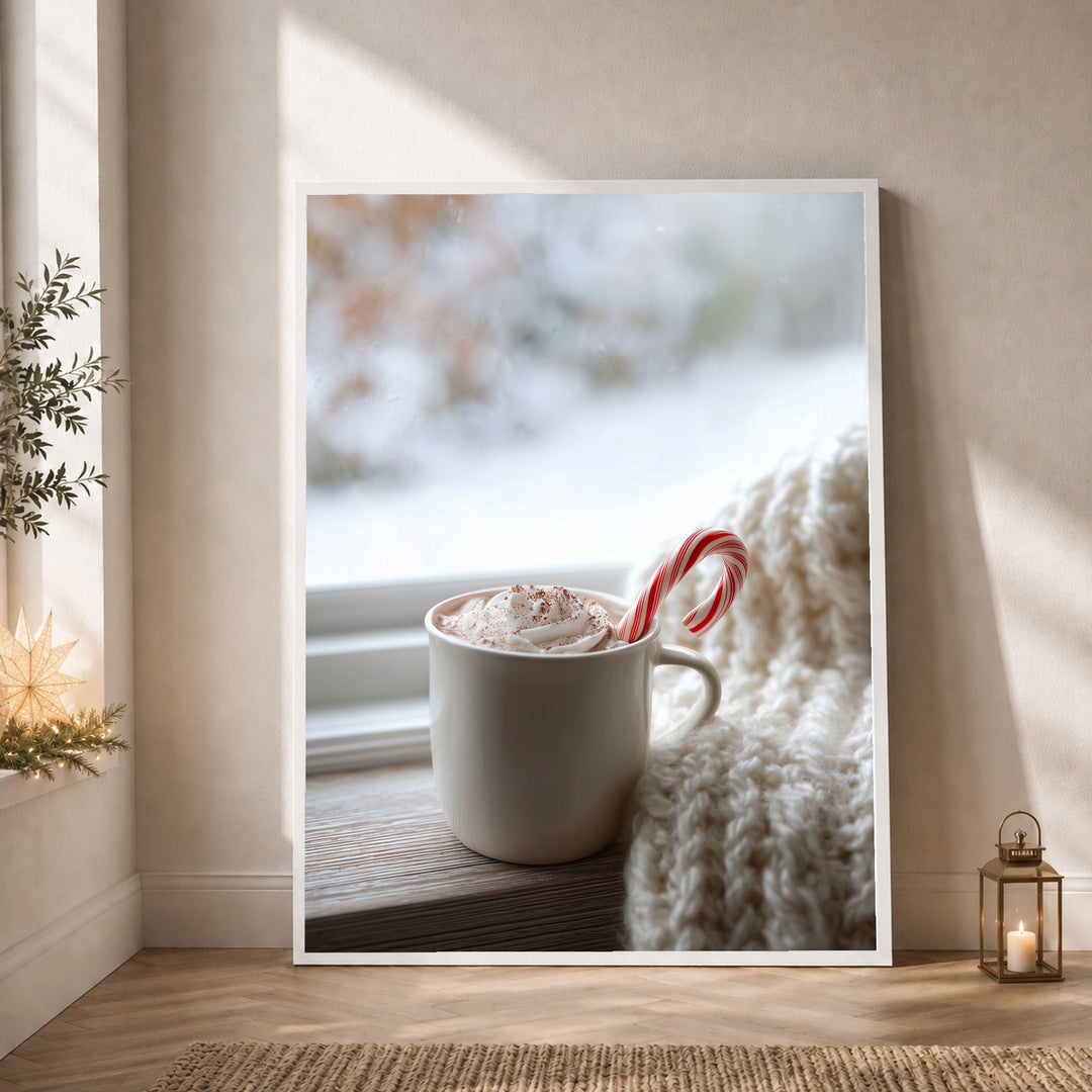 Winterlicher Kakao am Fenster Poster – Weißer Rahmen – Produktfoto