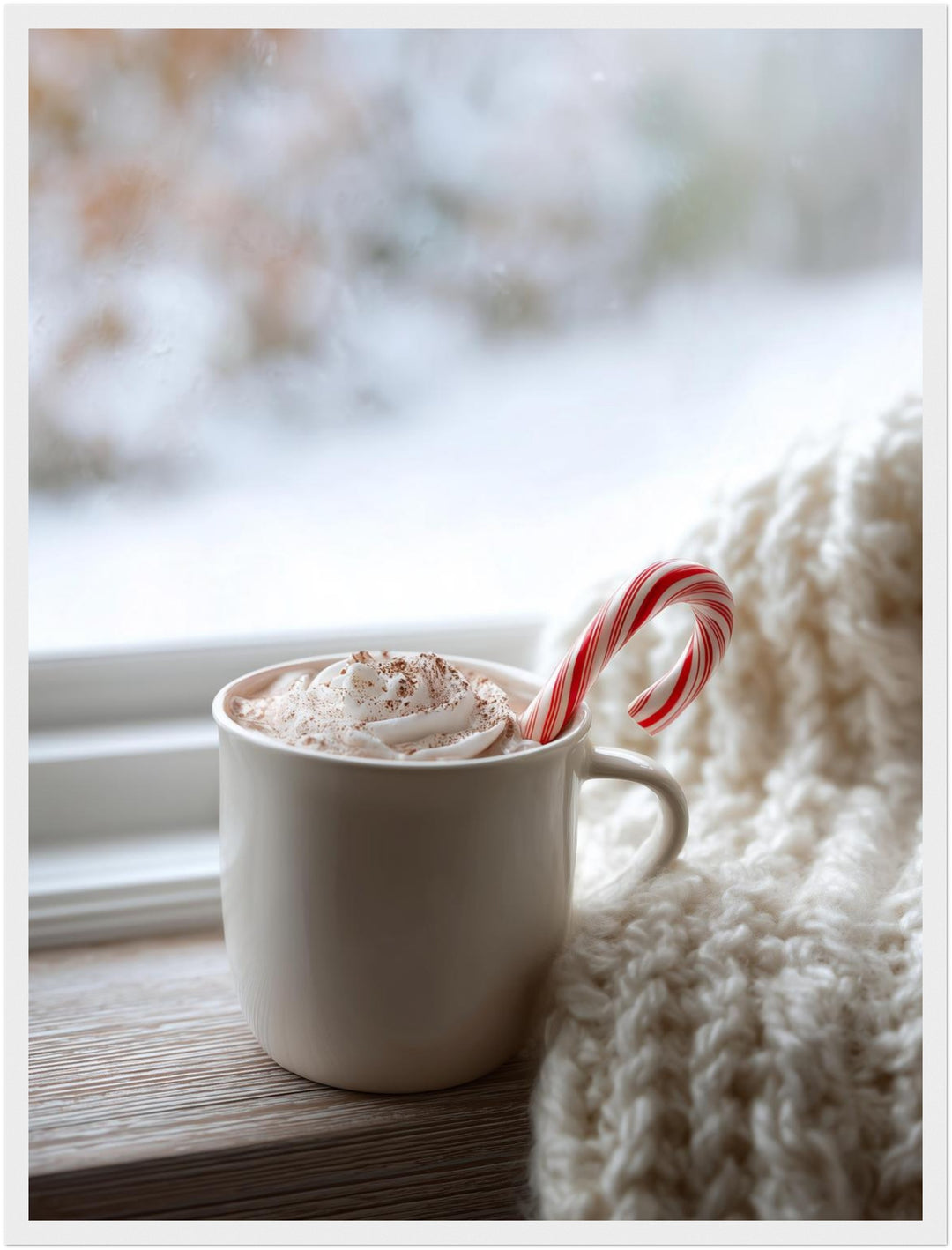 Winterlicher Kakao am Fenster Poster – Weißer Rahmen – Produktfoto