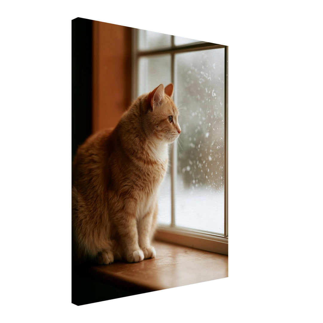 Katze am Winterfenster Leinwandbild – Schräge Ansicht – Produktfoto