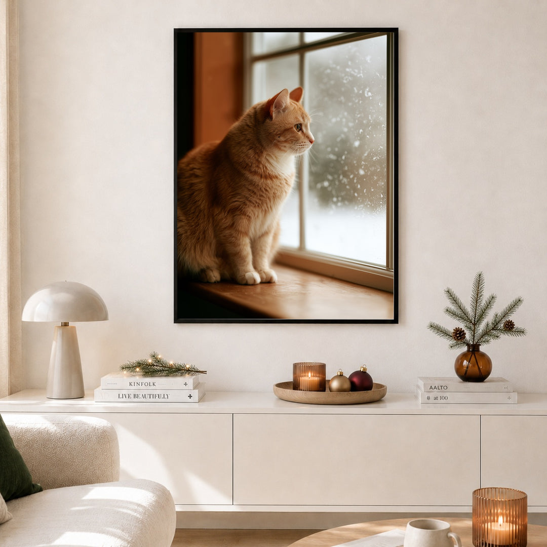 Katze am Winterfenster Poster – Schwarzer Rahmen – Produktfoto