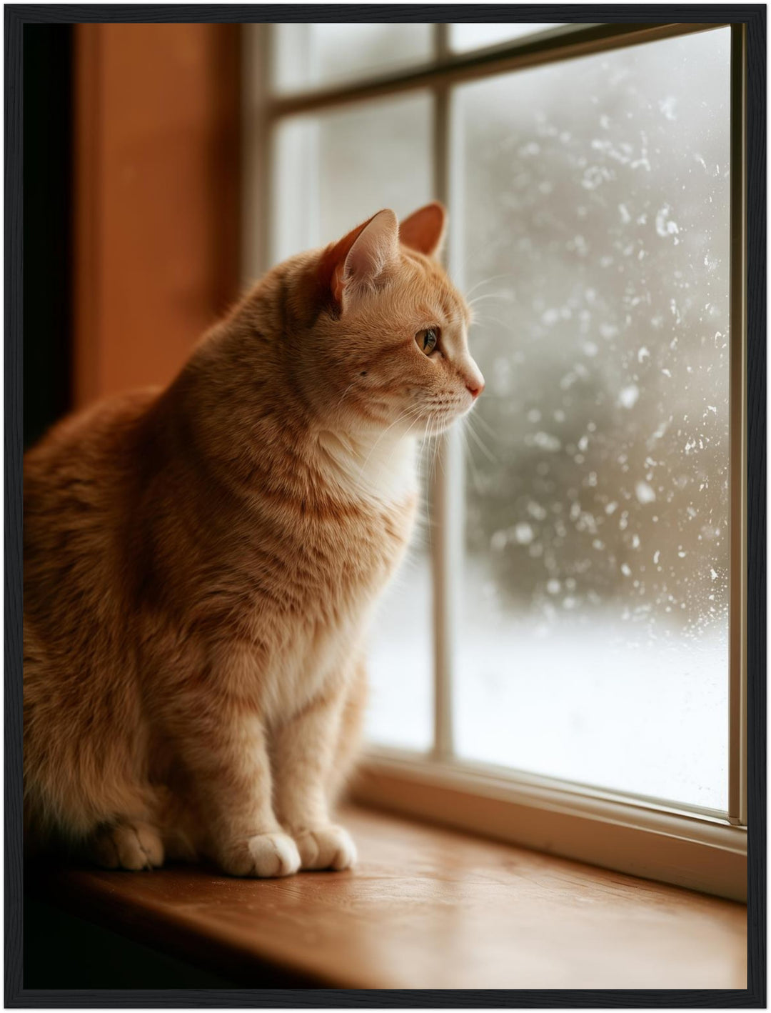 Katze am Winterfenster Poster – Schwarzer Rahmen – Produktfoto