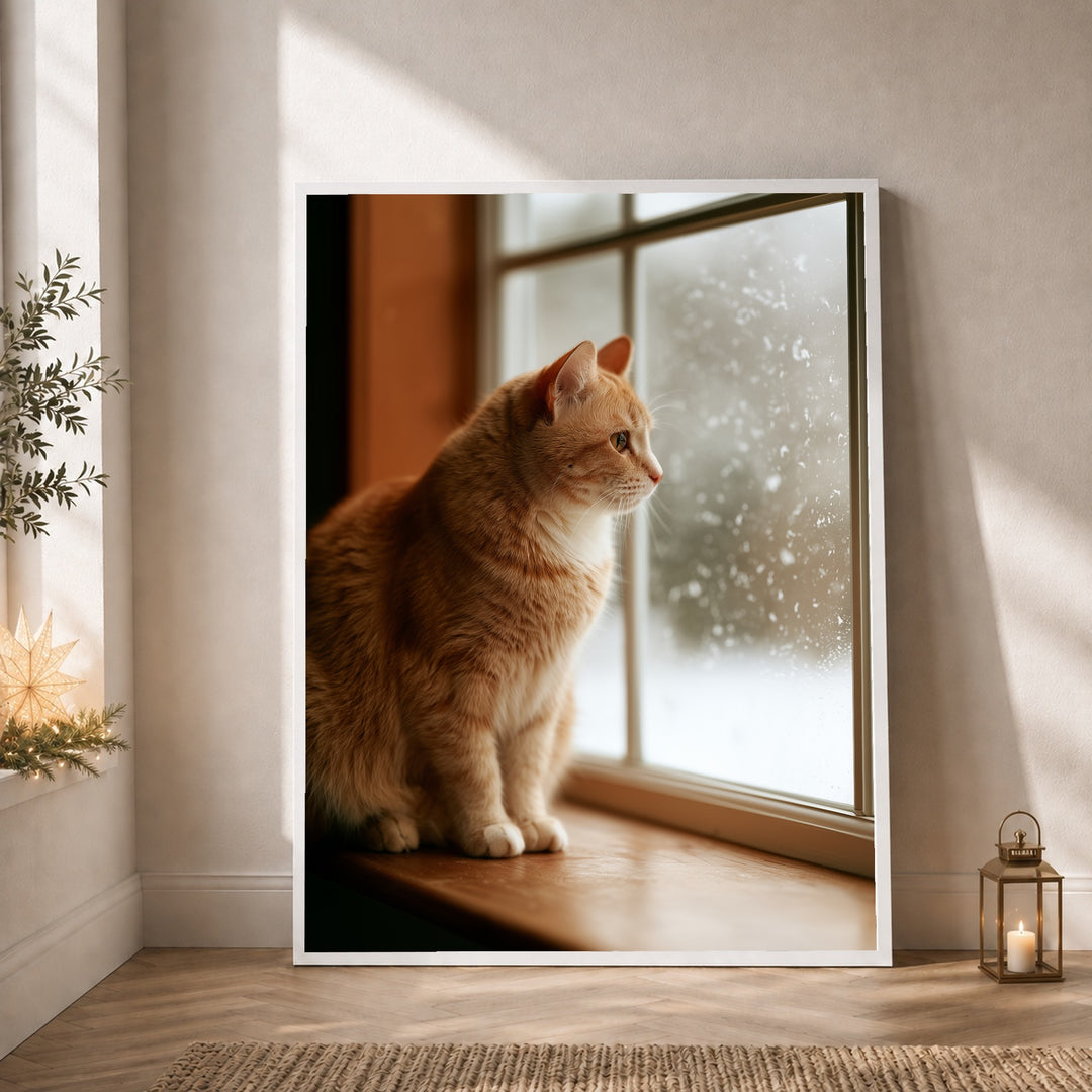 Katze am Winterfenster Poster – Weißer Rahmen – Produktfoto