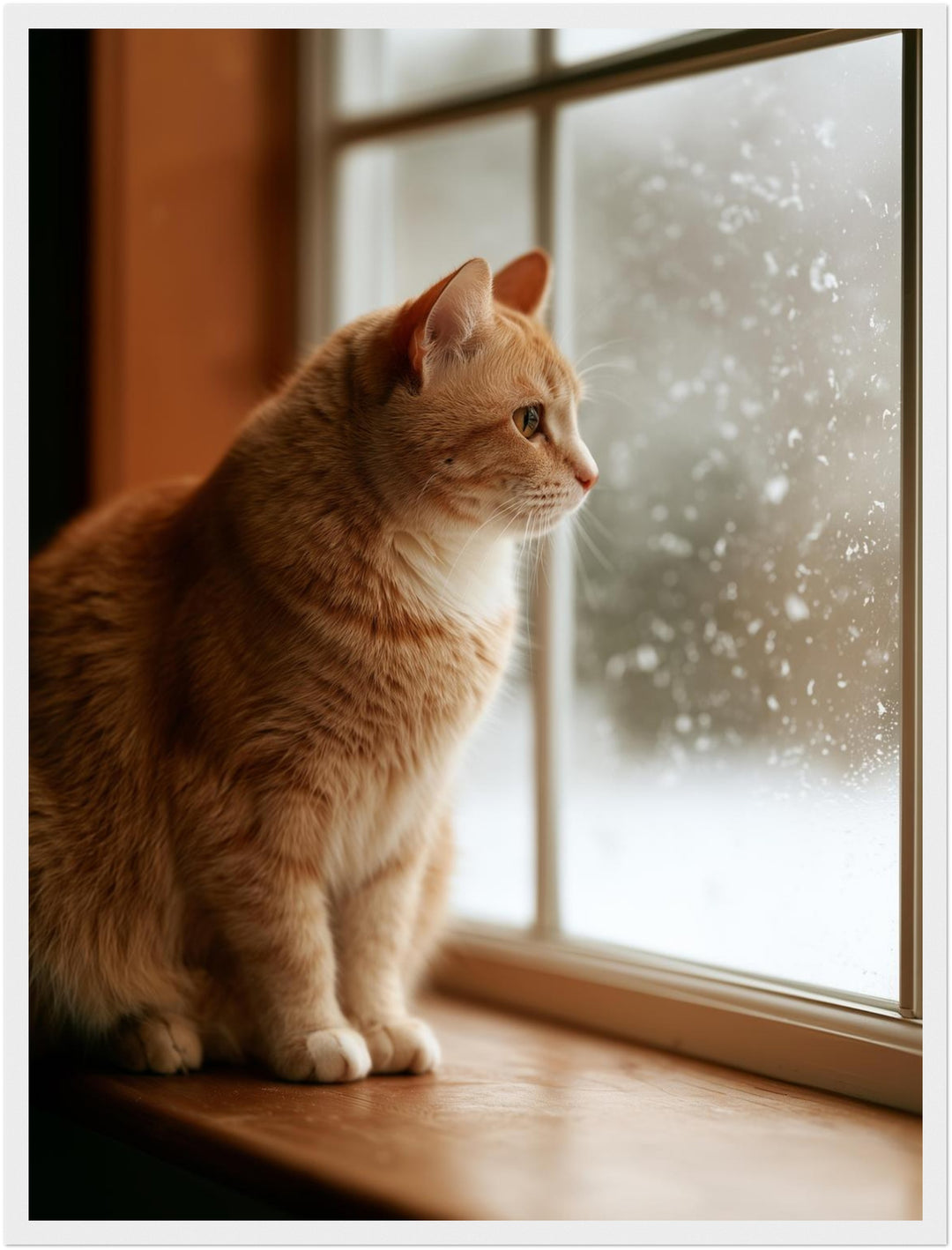 Katze am Winterfenster Poster – Weißer Rahmen – Produktfoto