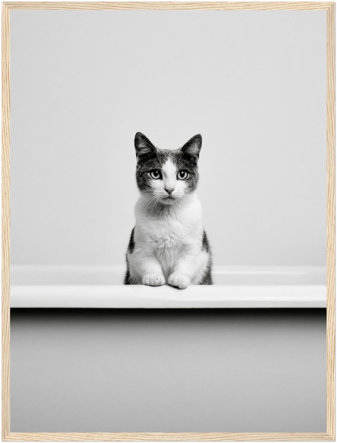 Katze in Badewanne Poster – Holz natur Rahmen – Produktfoto