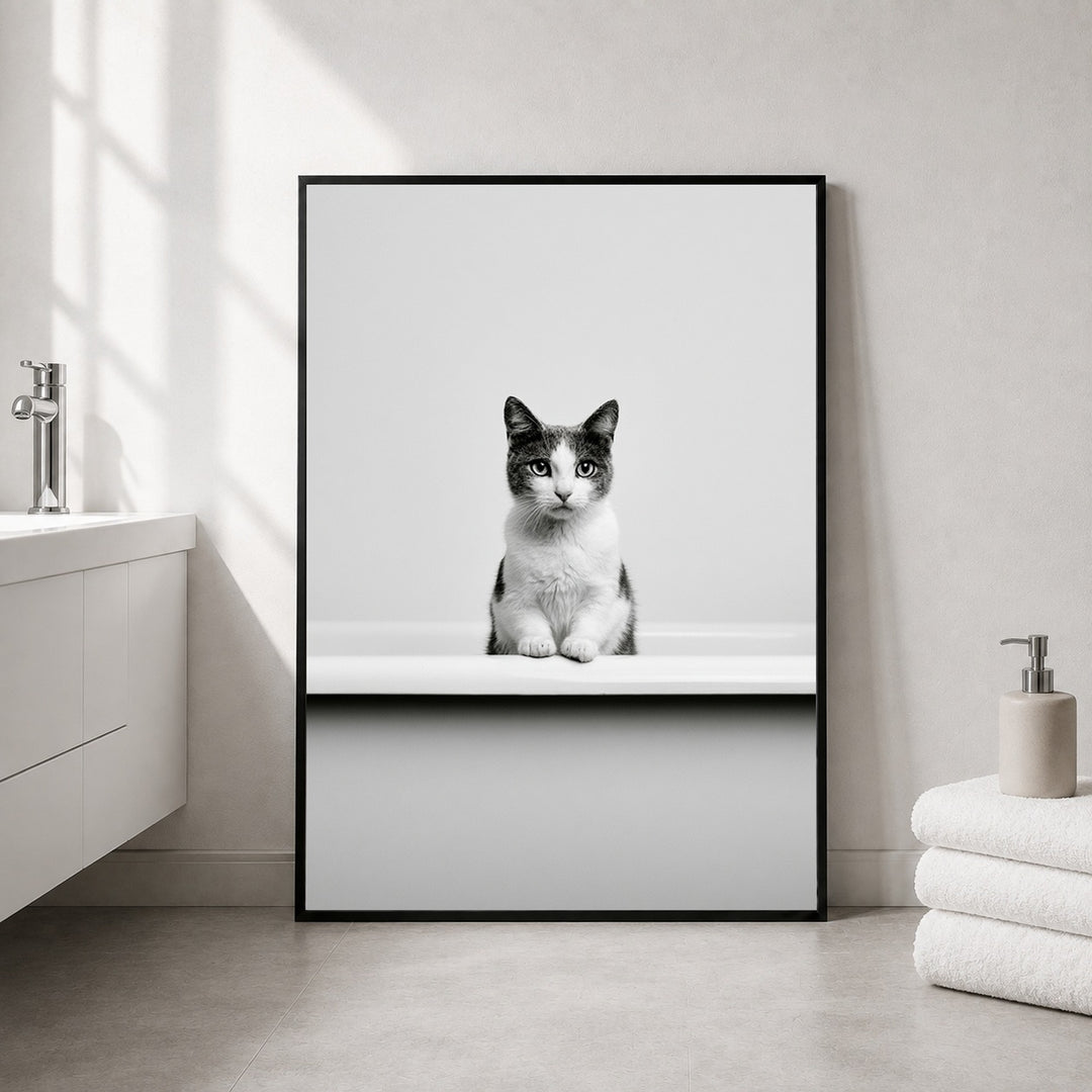 Katze in Badewanne Poster – Schwarzer Rahmen – Produktfoto