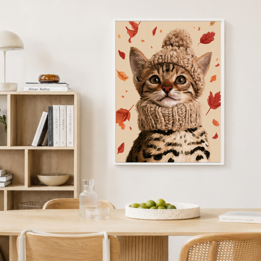 Kätzchen im Herbstwind Poster – Weißer Rahmen – Produktfoto
