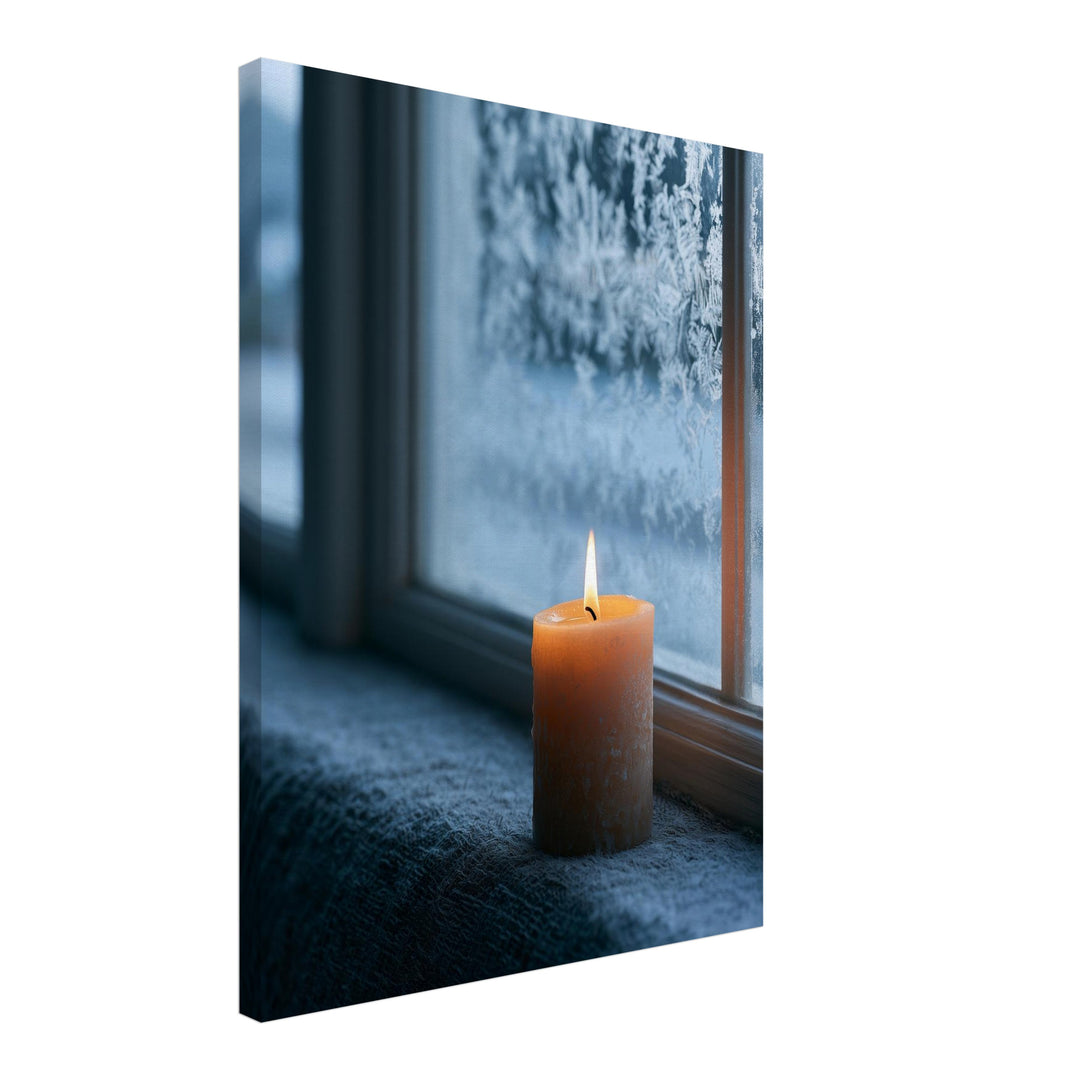 Kerze am Frostfenster Leinwandbild – Schräge Ansicht – Produktfoto