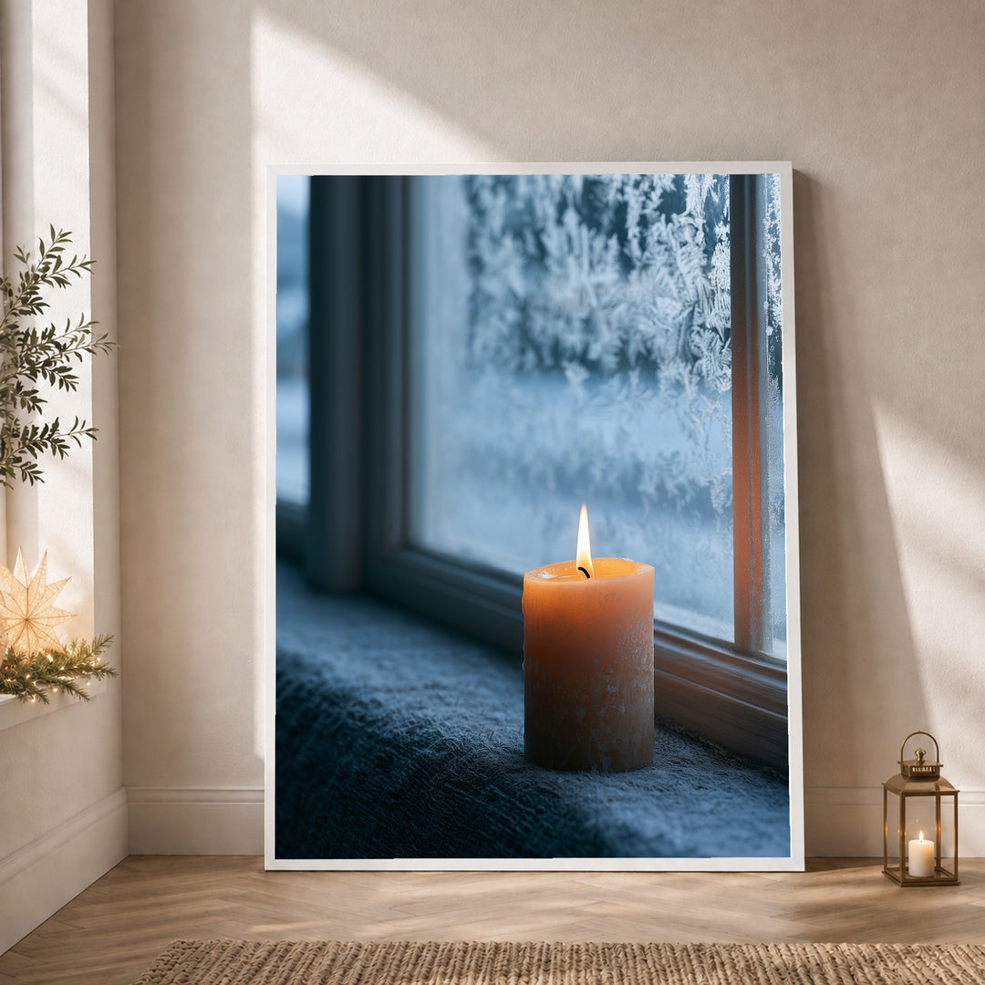 Kerze am Frostfenster Poster – Weißer Rahmen – Produktfoto