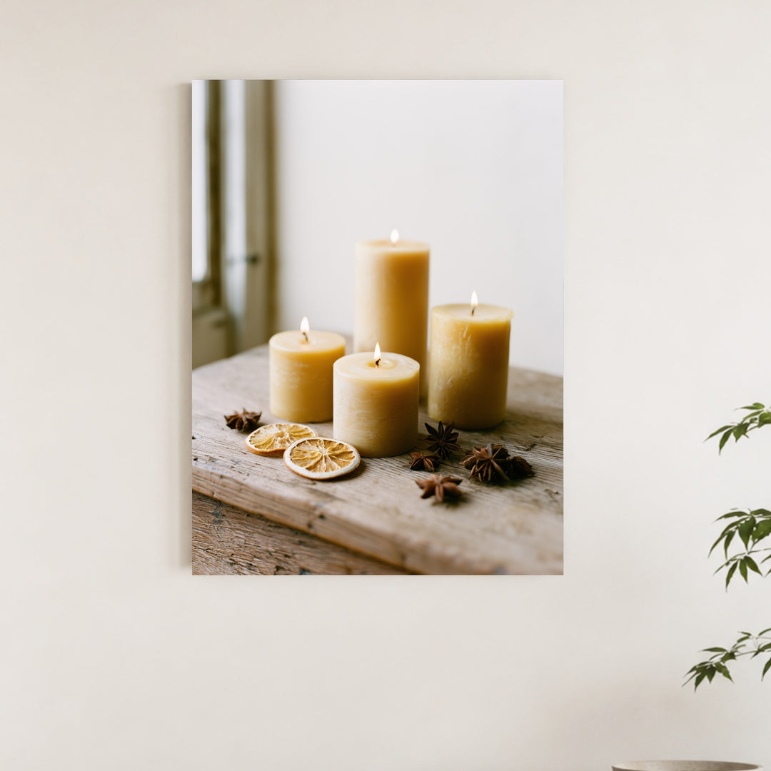Goldene Kerzen im Stillleben Leinwandbild – Ohne Rahmen – Produktfoto