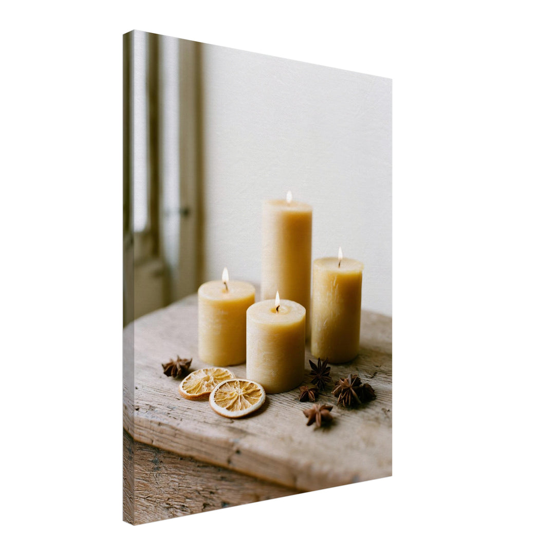 Goldene Kerzen im Stillleben Leinwandbild – Schräge Ansicht – Produktfoto