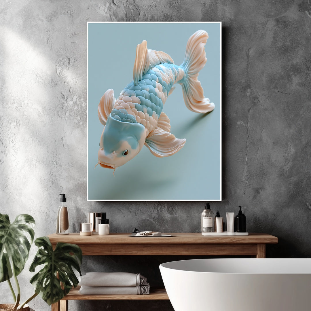Koi Fisch Pastellblau Poster – Weißer Rahmen – Produktfoto
