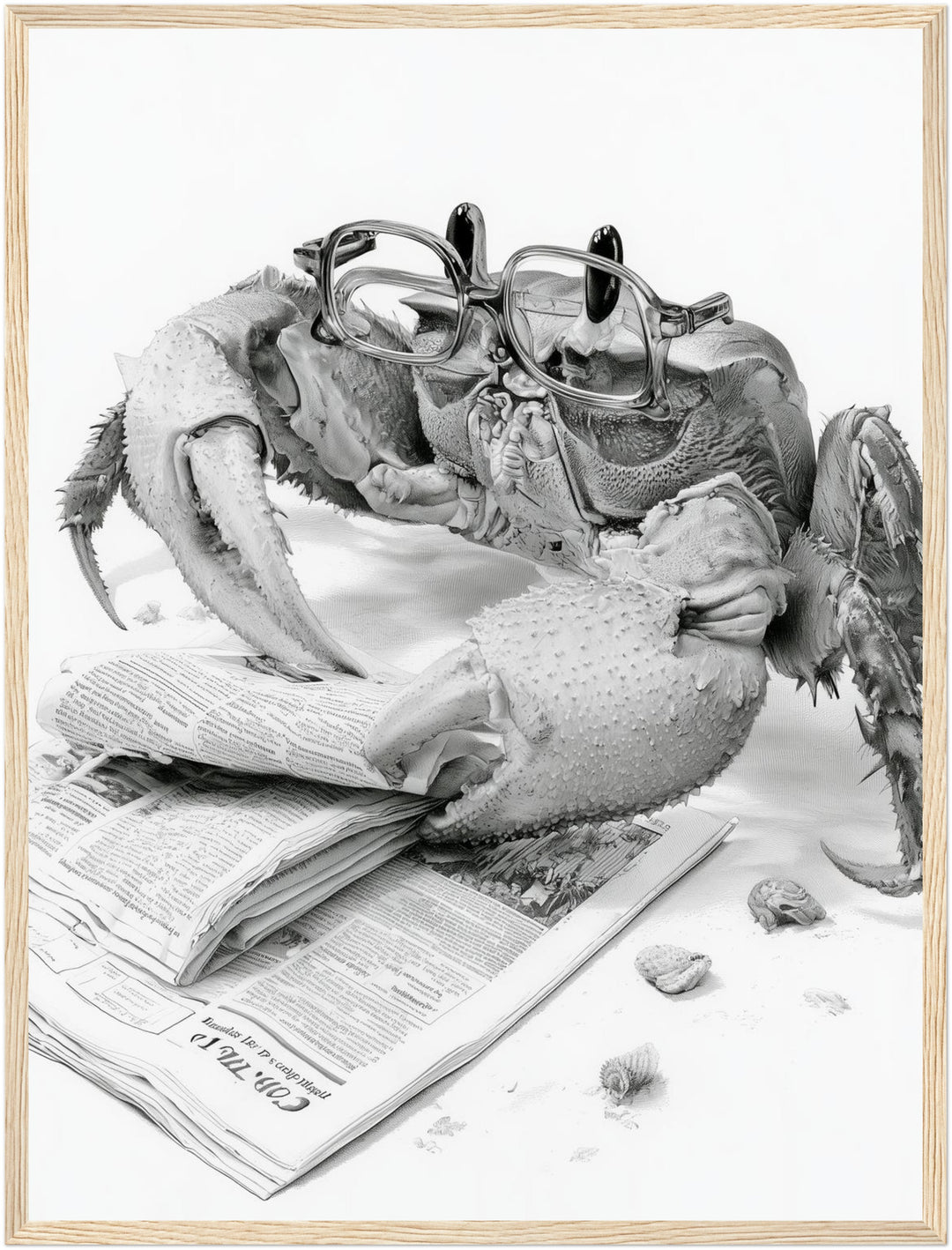Krabbe liest Zeitung Poster – Holz natur Rahmen – Produktfoto