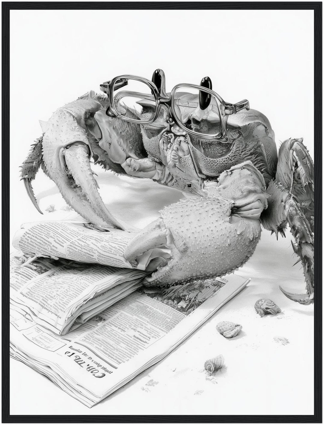 Krabbe liest Zeitung Poster – Schwarzer Rahmen – Produktfoto