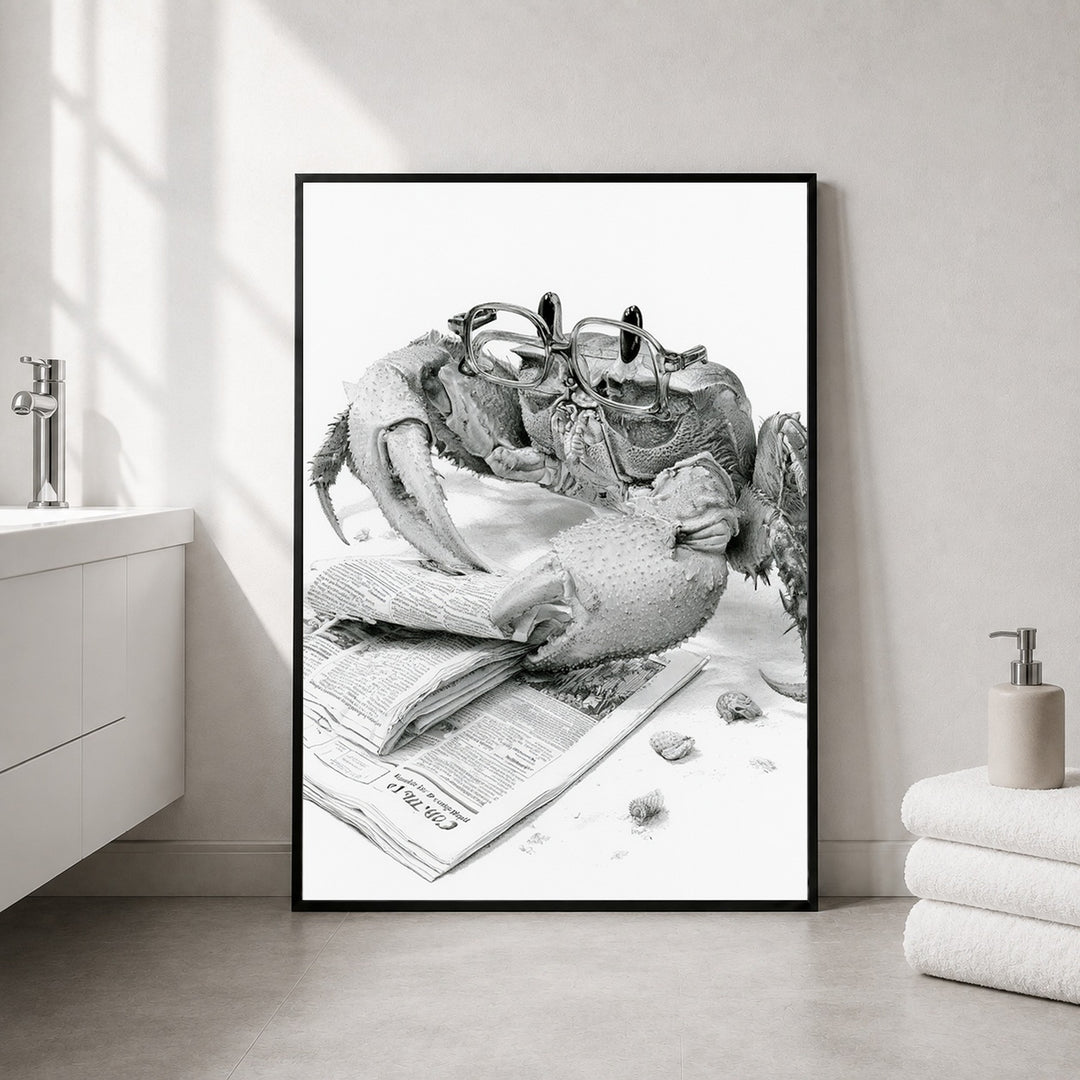 Krabbe liest Zeitung Poster – Schwarzer Rahmen – Produktfoto