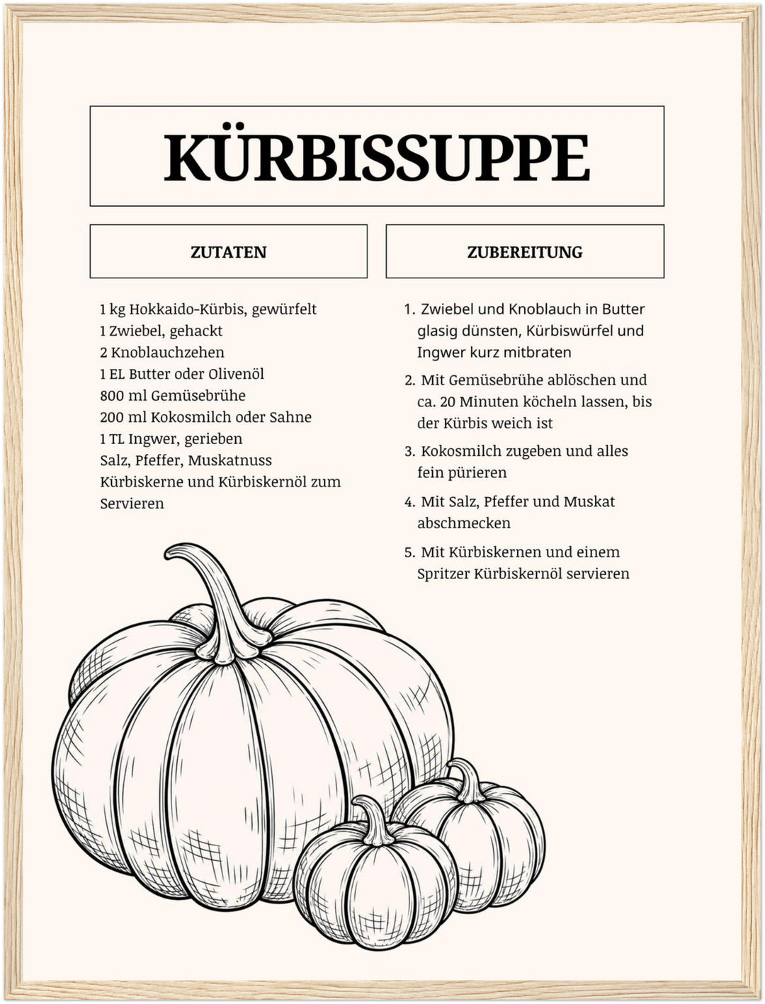 Kürbissuppe Rezept Vol. I Poster – Holz natur Rahmen – Produktfoto