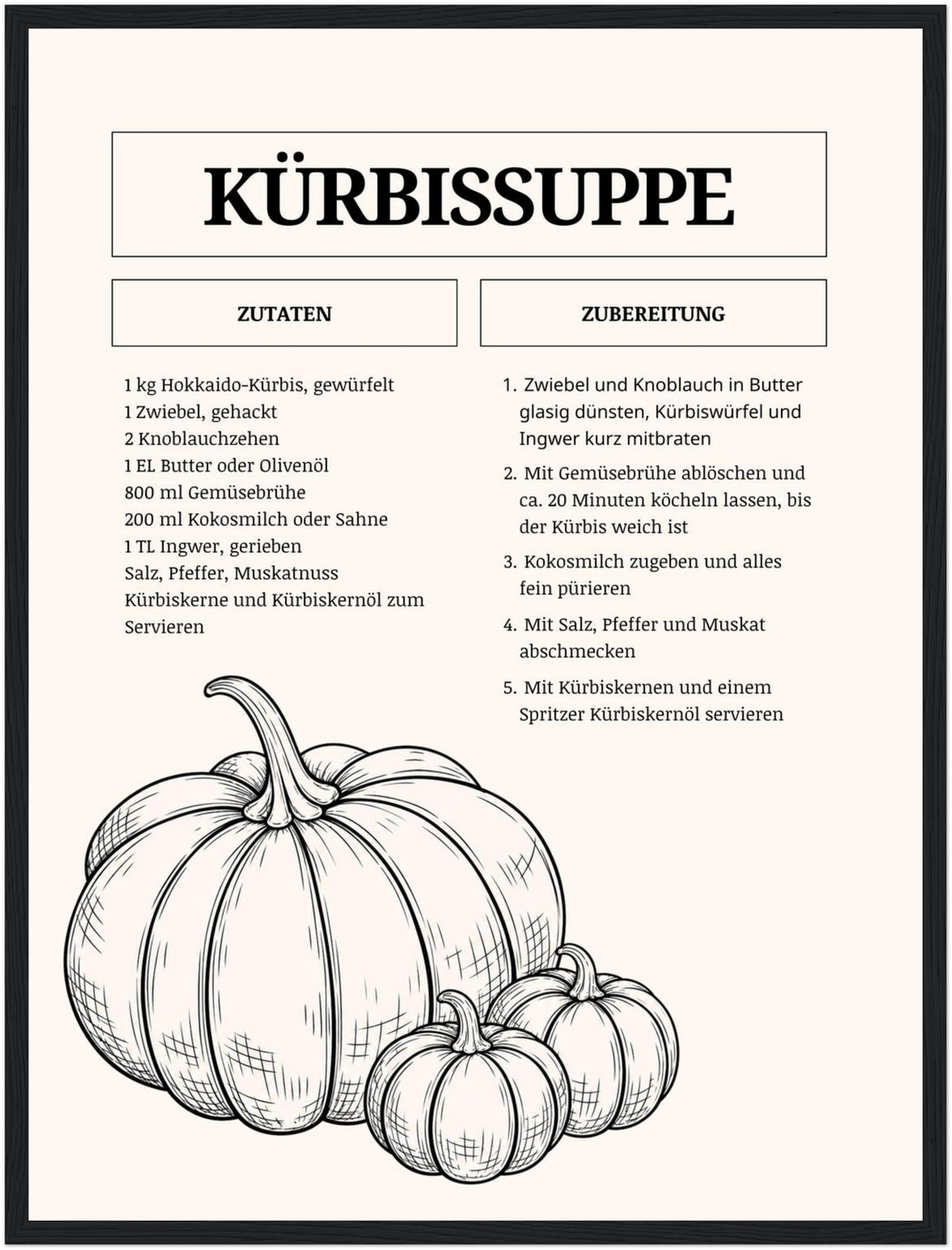 Kürbissuppe Rezept Vol. I Poster – Schwarzer Rahmen – Produktfoto